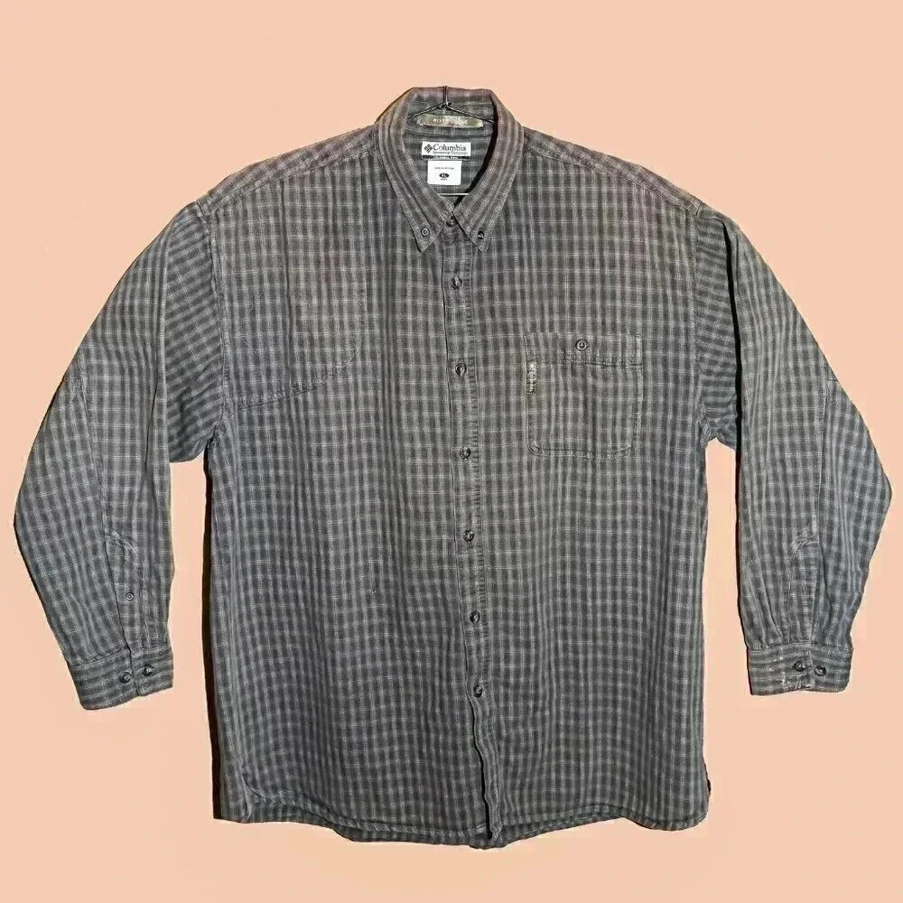 Columbia Gray Bege Plaid Flannel Collared Long Sleeve Shirt Size XL Distressed